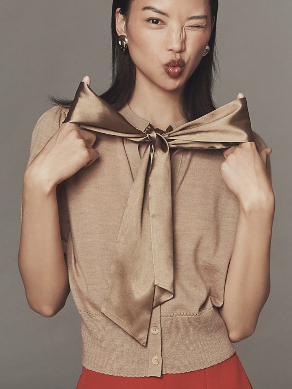 Bow Tie Short Sleeve Cardigan Sweater